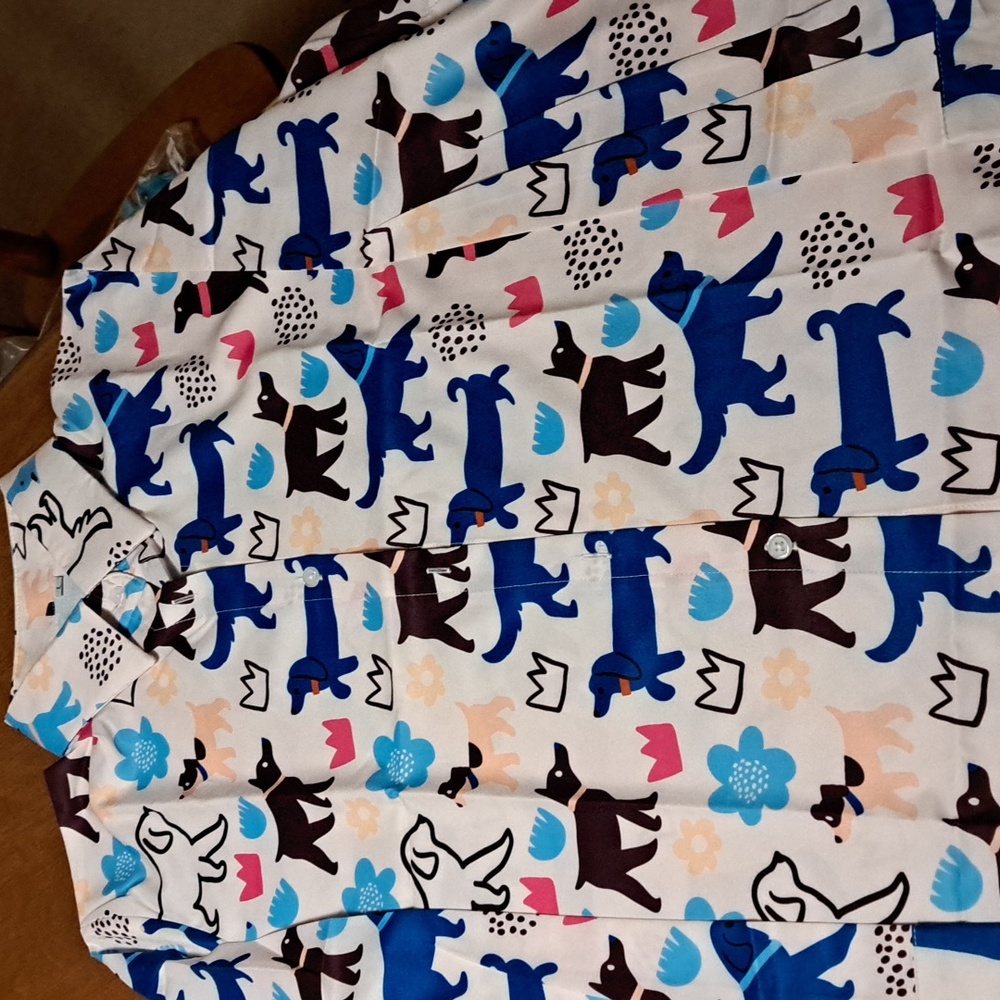 Button-Down Dog Print Shirt in White and Blue